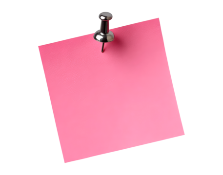 Blank pink sticky note with pushpin on transparent background