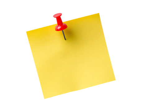 Yellow sticky note with red pushpin on transparent background