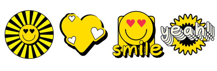 Retro Smile Emoji Sticker Pack Vector – Happy Faces, Heart, and Yeah Icons for Positive Quotes and Pop Art Design