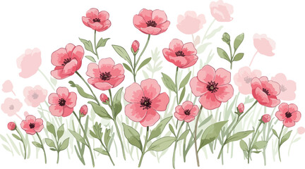 Watercolor painting of vibrant pink poppies in full bloom spring flowers.