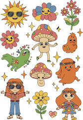 Obraz premium Whimsical and colorful illustration of various cartoon characters and elements.