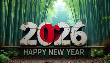 Vibrant 2026 Happy New Year Greeting Card with Graffiti Style Japan Flag on Weathered Brick Wall in Urban Alleyway at outedoor 2026 Happy New Year greeting card design.