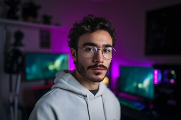 Man wearing gray hoodie and glasses looking at camera while standing in room with two screens
