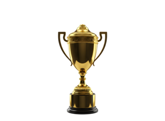 A gold trophy standing alone on a white surface