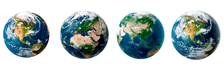 Four rotating earth views: north america, africa, asia, and europe displayed on globe model on transparent background