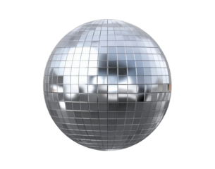 Reflective silver disco ball on transparent background