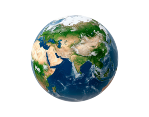 Earth from space: detailed view of asia, europe, and africa on rotating planet on transparent background