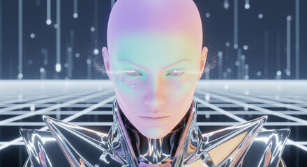 An androgynous android with holographic makeup and chrome shoulder armor on a background of a digital grid and falling light particles