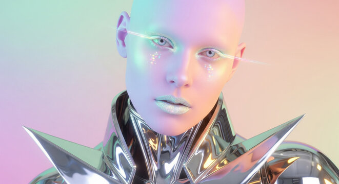Genderless Android in a Futuristic Style with Holographic Makeup on a Pastel Rainbow Background - Powered by Adobe