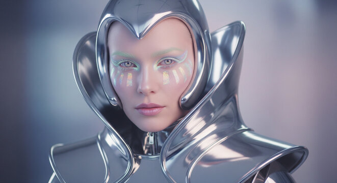 Female Cyborg in a Futuristic Style with a Chrome Helmet and Holographic Makeup on a Dark Gray Background