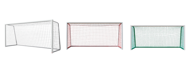 Diverse soccer goals collection: standard, mini, and training nets on transparent background