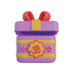 A stylized 3D render of a purple and yellow gift box, decorated with a Hindu Om symbol and lotus flowers.