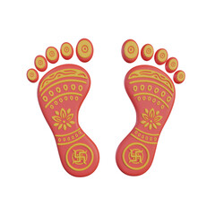 Two pink footprints with golden decorations, including a swastika and lotus flower, symbolizing Lakshmi's arrival.