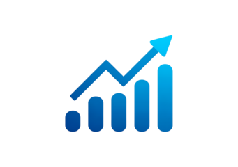 Blue rising bar graph with arrow symbolizing growth and success on transparent background