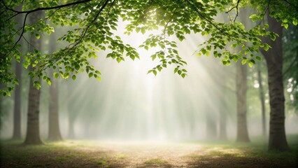 Obraz premium Serene forest scene with soft light filtering through lush green leaves, creating a tranquil atmosphere.