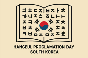 Flat clean illustration showing Korean Hangeul alphabet characters arranged in a book page form, with the South Korean flag symbol (Taegeuk) subtly centered. Use solid flat colors,