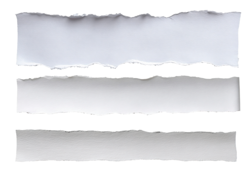 Three torn white paper strips with rough edges on transparent background - Powered by Adobe