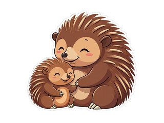 heartwarming cartoon illustration of a mother hedgehog embracing her baby, both smiling with closed eyes.