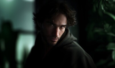 Fototapeta premium Man wearing a hoodie looking at the camera in a mysterious dark scene with dramatic lighting