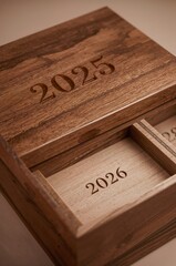 Wooden Box Time Capsule: An intricately crafted wooden box, engraved with the years 2025 and 2026, suggesting a future of cherished memories, anticipation, and preserving important time
