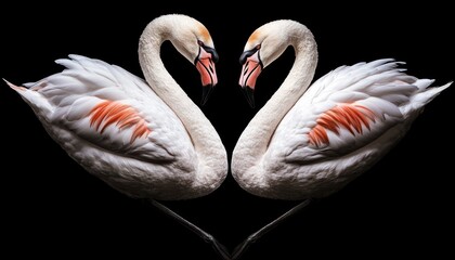 Naklejka premium Elegant Mute Swans Forming Heart Shape on Black Background Symbolizing Love