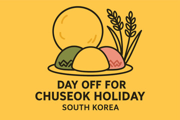 Flat illustration showing Korean full moon, traditional patterned rice cake (songpyeon), and autumn grain stalks arranged together as symbolic icons. Clean vector-style flat colors, simple lines, no g