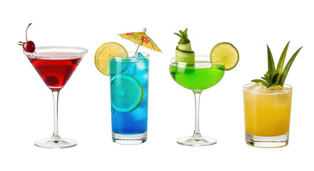 Four refreshing colorful tropical cocktails arranged on a black background ready for summer parties and celebrations transparent background