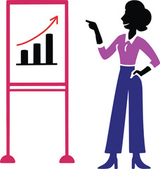 Business presentation illustration, confident speaker, data chart, growth concept, upward arrow, vector character, professional success, colorful design, education, analytics, report