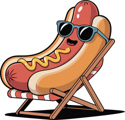 Cool Hot Dog Mascot with Sunglasses Lounging on Beach Chair - Summer Barbecue Fun VectorCool Hot Dog Mascot with Sunglasses Lounging on Beach Chair  Summer Barbecue Fun Vector