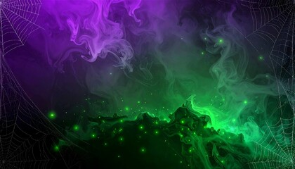 Dark Halloween background with dense purple fog and glowing spider webs