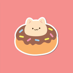 Cat and donut with chocolate glaze and sprinkle clip art vector illustration in flat style