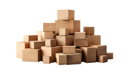 A stack of various sized cardboard boxes on transparent background