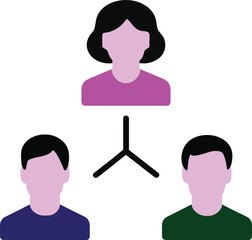 Cartoon team hierarchy illustration with three connected figures, organizational chart concept, leadership structure, relationship diagram, teamwork, business roles, vector design