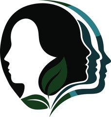 Abstract human profiles with green leaves, layered silhouette design, unity, diversity, nature connection, ecological awareness, wellness, growth, environmental concept, vector illustration