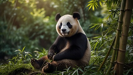 Obraz premium Detailed photograph of a panda sitting among bamboo trees with soft sunlight and natural background