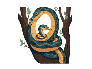 Colorful snakes entwined in a tree with foliage