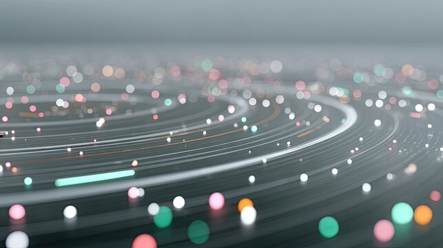 Macro Futuristic Holographic Business Interface Glow With Bokeh and Shallow Depth of Field, Circular Light Trails in White and Pastel Color on Dark Grey Background - Powered by Adobe