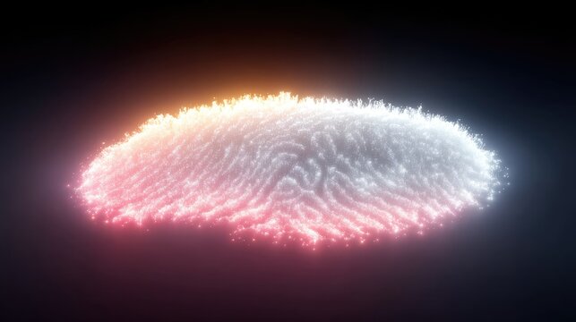 Macro Futuristic Holographic Fingerprint Glowing with Cyan and Orange Particles on Dark Background