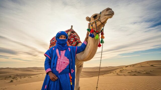 robed figure in blue with pink patterns and head covering stands by decorated camel with colorful tassels on vast sand dunes under warm cloud-streaked desert sky