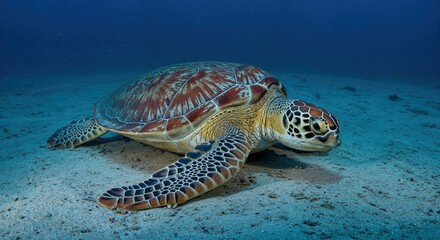 Obraz premium Turtle's Silent Swim in the Abyss: A serene turtle glides through the deep blue, a solitary dance of nature, showcasing the ocean's mysterious beauty.