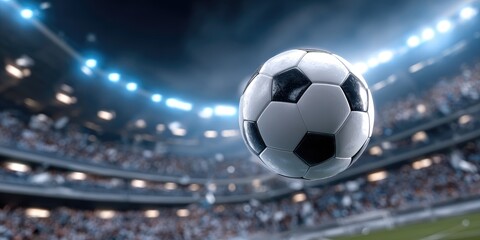 Successful european cup flight a winning ball broadcasted live in the stadium environment with fans cheering for their teams