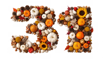 Autumn display of pumpkins, leaves, and nuts, created AI, PNG
