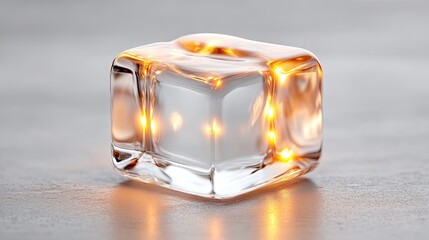 Macro Ice Cube Glowing with Golden Light in Glass Cinematic Reflection
