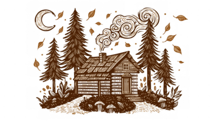 Warm cabin nestled among tall trees with swirling smoke, AI, PNG