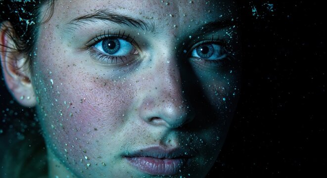 Intense Gaze in the Shadows: A close-up portrait of a young woman with striking eyes, her face illuminated by a soft light, the stark contrast adding a sense of mystery and introspection.