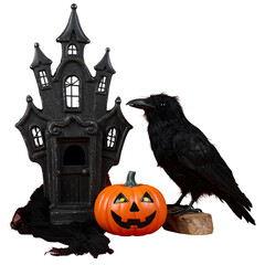 Fototapeta premium Creepy Halloween crow decoration. Spooky, gothic scene element for design. Black bird silhouette. Isolated on white or transparent background. PNG format.
