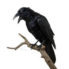 Fototapeta premium Creepy Halloween crow decoration. Spooky, gothic scene element for design. Black bird silhouette. Isolated on white or transparent background. PNG format.