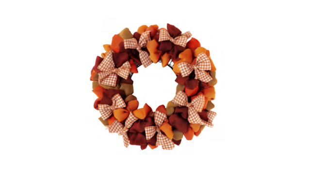 Vibrant fall wreath with bows for celebrations, created AI, PNG