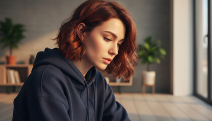 Focused Woman in Thought: A woman sits in thoughtful contemplation, bathed in soft, natural light. The scene evokes introspection and tranquility, capturing a moment of peaceful reflection.