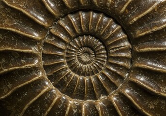 Ammonite Fossil Close-up: An intricate, captivating close-up view of an ancient ammonite fossil, revealing the spiral geometry and textured surface of the prehistoric sea creature.
